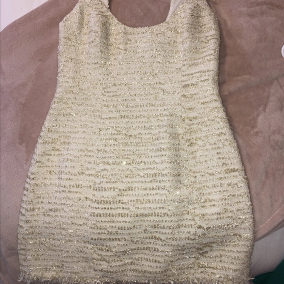 NBD Revolve Ivory Tweed & Metallic Gold Fringe Holiday Mini Dress - Picture 9 of 10